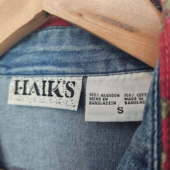 Vintage 90s Denim Blouse Womens Small Red Patchwork Cottagecore Lace Flowers - Picture 7 of 9